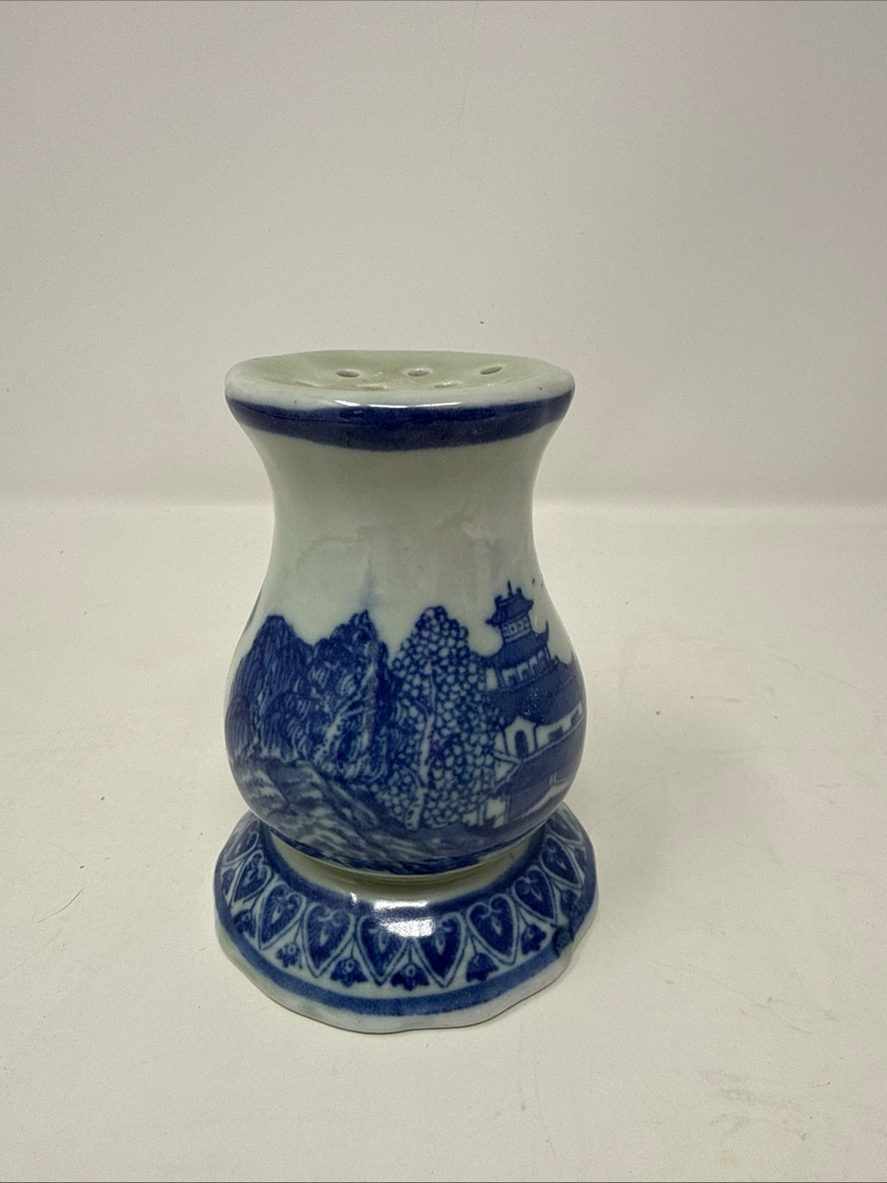 Antique Victoria Ware Ironstone Flow Blue Hat Pin Holder Tree Bridge Chinoiserie